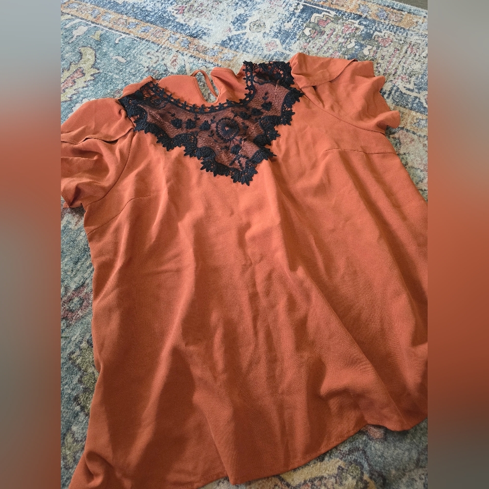 Rust Orange Blouse with Black Lace Detail
